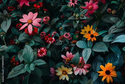   A summer flowers background with a focus on the contrast between the flowers and the foliage.