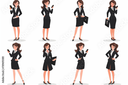 Business woman character set. Businesswoman or office worker in various poses  emotions  gestures. The manager searches  invests  speaks  works vector icon  white background  black colour icon