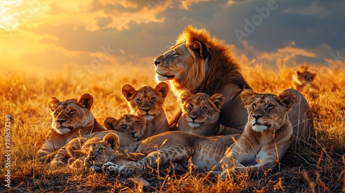 A pride of lions resting in the savanna under the shade of acacia trees, their golden coats blending seamlessly with the surrounding grasslands. photo