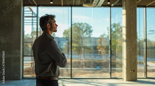 A side profile of an architect deep in thought gazing out a large window as they ponder the layout of a new building. .