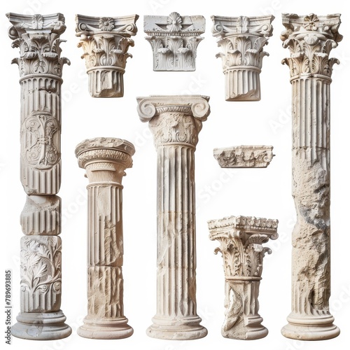 Stone Pillars Set Isolated  Old Roman Columns  Marble Greek Pillar  Rome Greece Architecture