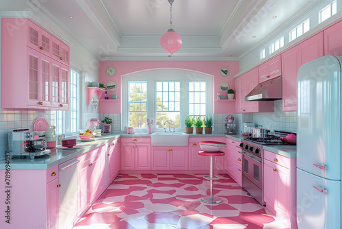 A retro-style kitchen decorated with pastel colors and chrome accents, capturing the aesthetic of 1950s home design. Concept of nostalgic interior decor. Generative Ai. © Sebastian
