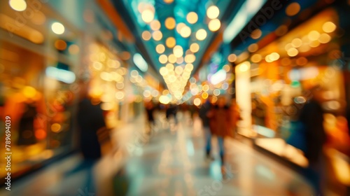 The blurred hustle and bustle of a busy retail center with a sea of shoppers weaving through brightly lit storefronts and vibrant adver encapsulating the constant motion and energy .