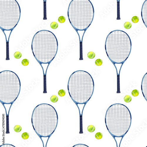 Watercolor seamless pattern of tennis rackets and balls. Hand drawn sports illustrations isolated on transparent. © ELENA