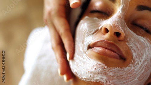 Calm woman gets facial treatment at spa, therapist applies mask. Therapist's hands gently apply mask in spa facial scene.