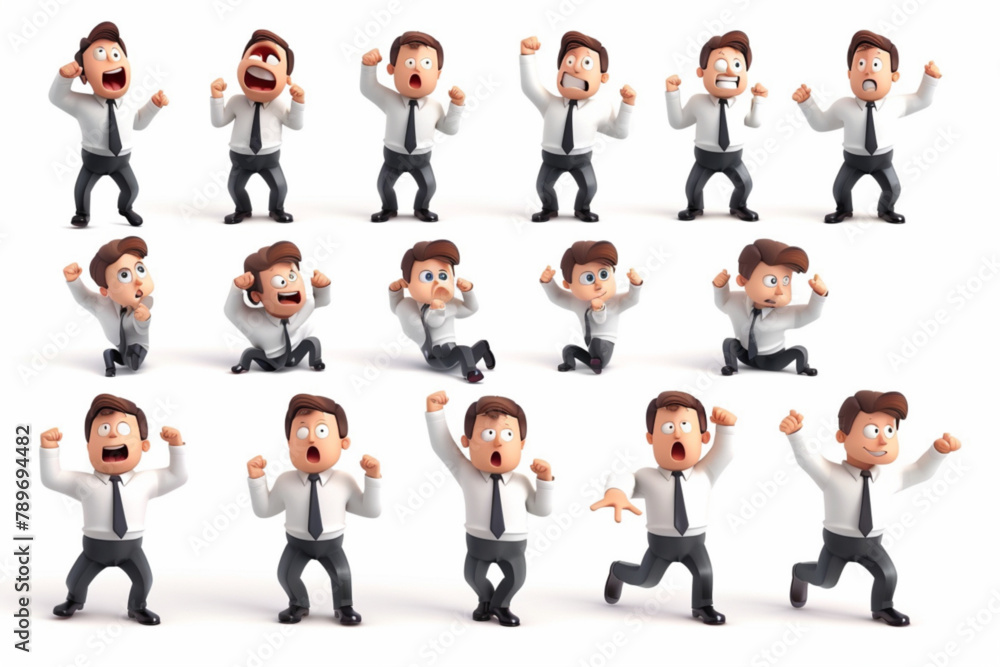Set of character a businessman in different situations. The man is shocked, goes to work, happy and jumped 3D avatars set vector icon, white background, black colour icon