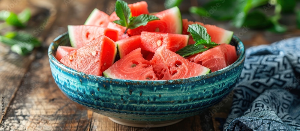 Blue Bowl With Watermelon and Mint Blue Bowl With Watermelon and Mint