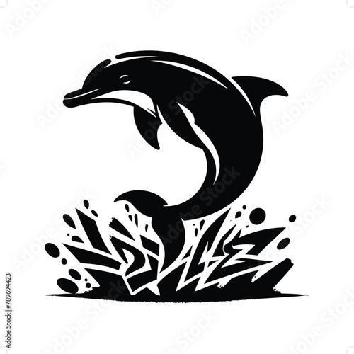 Beluga; dolphin silhouette, animal graffiti tag, hip hop, street art typography illustration.