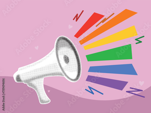loudspeaker with lgbt rainbow happy pride month , illustration megaphone in magazine style  pink background