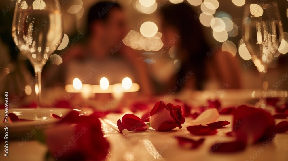 The background of a romantic dinner is hazy with muted lights as a couple sits at a table tastefully decorated with rose petals and glowing candlelight. .