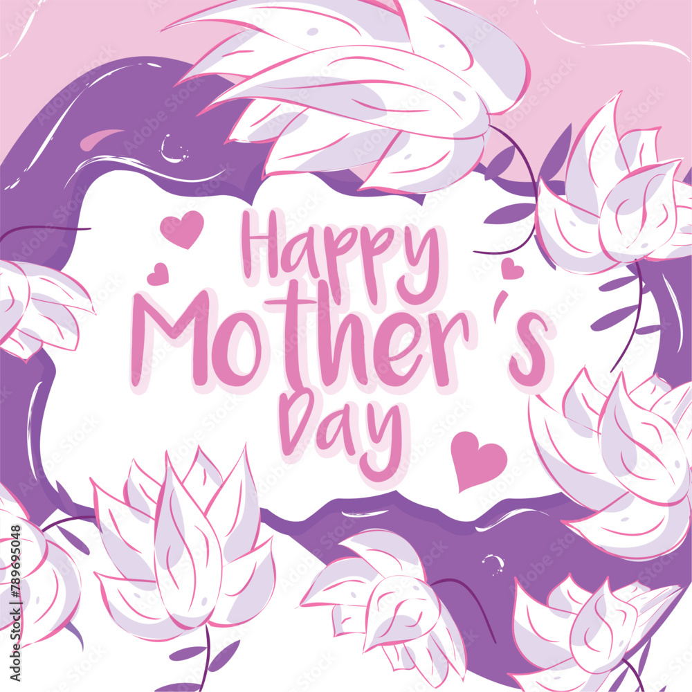 Happy mother's day illustrated card with pink flowers on purple background, printable and web banner