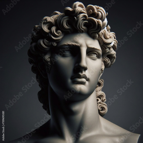 Portrait of a plaster statue of Apollo isolated on black. Gypsum statue of Apollo's bust. Greek god statue. Male statue of a Roman deity, muscular Apollo in Olympus. © Fabian