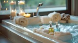 A luxurious bathroom with a large inviting tub and a tray of massage oils and lotions set up on the counter. The caption reads Continue the relaxation after your massage 2d flat cartoon.