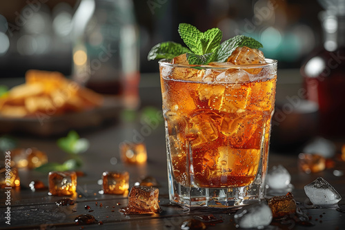 A chilled glass of sweet iced tea  garnished with a sprig of fresh mint for a hint of herbal freshness. Concept of Southern tradition. Generative Ai.