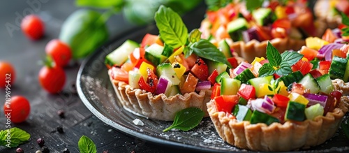 Close Up of Delicious Vegetable Salad Tartlets on Table
