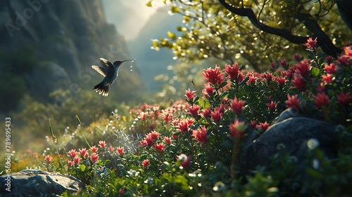 "A pair of ruby-throated hummingbirds hovering gracefully, their iridescent feathers shimmering in the sunlight as they sip nectar from delicate flowers.