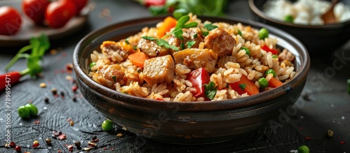 Close-Up of a Bowl of Food rice with meat and vegetables on a Table