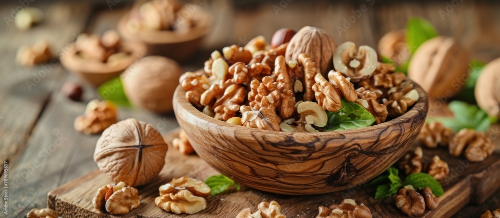 Wooden Bowl Filled With walnuts on Table Wooden Bowl Filled With walnuts on Table