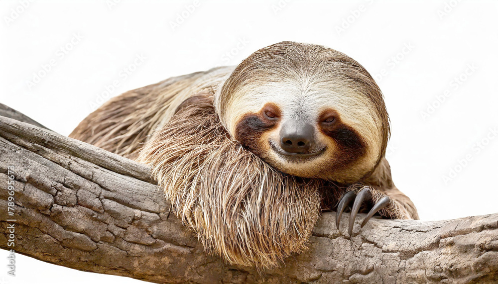 Fototapeta premium Sloth lies resting on a big branch isolated on white background. 