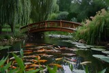 : A tranquil koi pond with a quaint wooden bridge arching over it, hidden by weeping willows.