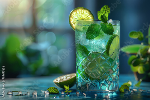 A refreshing mojito mocktail, muddling fresh mint, lime juice, and sugar with soda water for a non-alcoholic twist on the classic cocktail. Concept of mocktail mixology. Generative Ai. photo