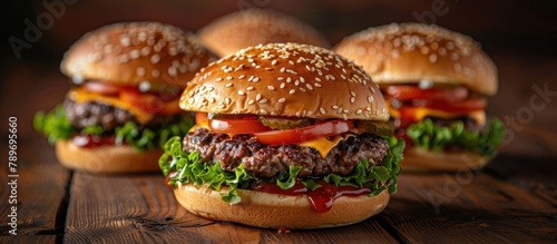 Group of Hamburgers on Wooden Table