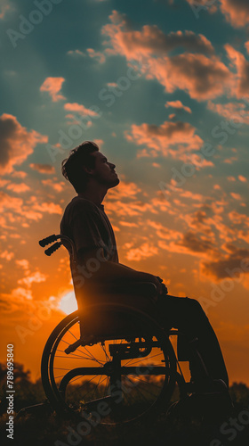 Contemplative athlete sitting on wheelchair at sunset