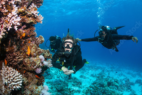 Group of scuba divers underwater photo