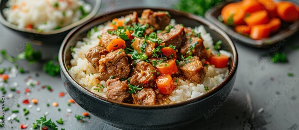 Close-Up of bowl of rice with meat and carrots on a table Close-Up of bowl of rice with meat and carrots on a table