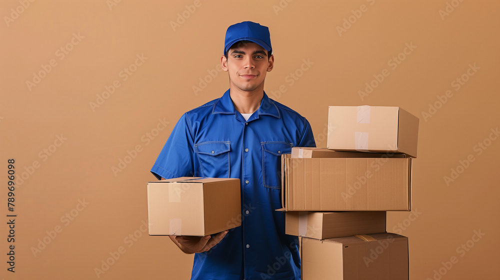 Friendly delivery man wearing a blue uniform, holds multiple cardboard boxes in his hands, ready to deliver them to the customer isolated on beige background. Services concept Friendly delivery man wearing a blue uniform, holds multiple cardboard boxes in his hands, ready to deliver them to the customer isolated on beige background. Services concept