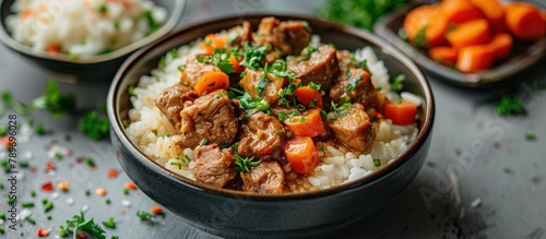 Close-Up of bowl of rice with meat and carrots on a table