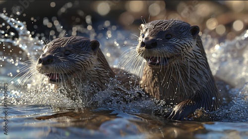A pair of otters playing joyfully in a river, their sleek bodies darting through the water with playful abandon. © Huzaifa