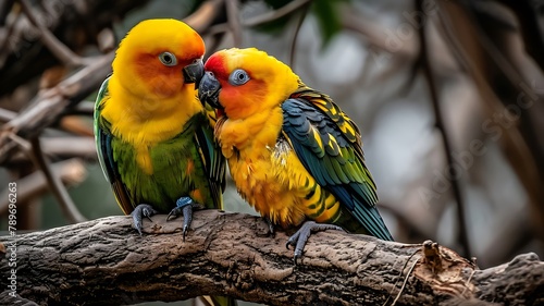 A pair of lovebirds nestled together on a branch, their colorful feathers glowing in the warmth of the afternoon sun.