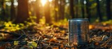 A tin can made of aluminum is on the forest floor