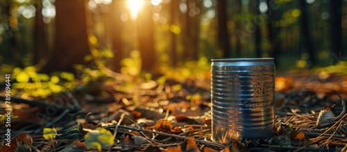 A tin can made of aluminum is on the forest floor photo
