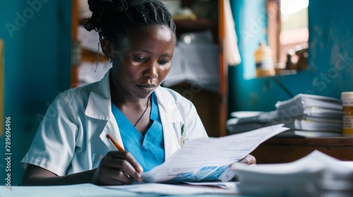 A midwife sits at a desk meticulously studying medical charts and records determined to provide the best care for expectant mothers. The determination and focus in her eyes highlights . photo