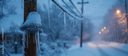 icicles on snow-covered electric wires. 