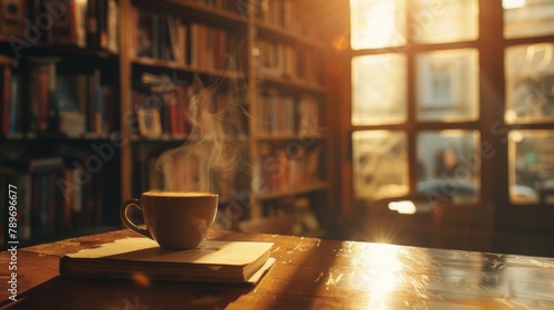 Defocused nostalgia at Coffee and Classics As you gaze past the hazy bookshelves the warm glow of a freshly brewed cup of coffee evokes feelings of comfort and fond memories of old . photo