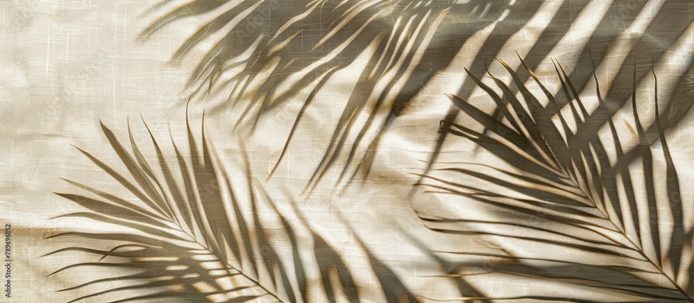 Obraz premium Palm leaf shadows cast on a beige linen fabric background, creating a summer vacation and beach holiday ambiance.