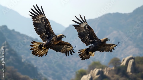 A pair of golden eagles soaring majestically through the expansive sky, their wings outstretched against the backdrop of clouds.