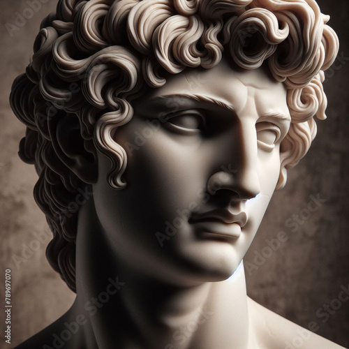 God Apollo bust sculpture. Ancient Greek god of Sun and Poetry Plaster copy of a marble statue isolated on black 