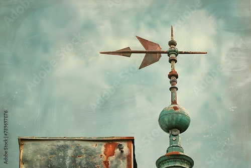 : A vintage-style wind vane on a rooftop, its arrow pointing towards the viewer.