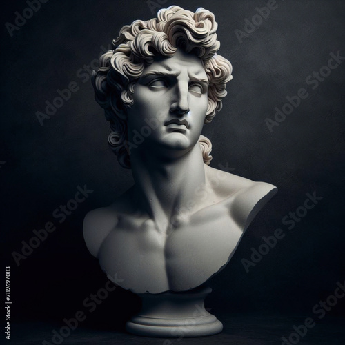 God Apollo bust sculpture. Ancient Greek god of Sun and Poetry Plaster copy of a marble statue isolated on black 