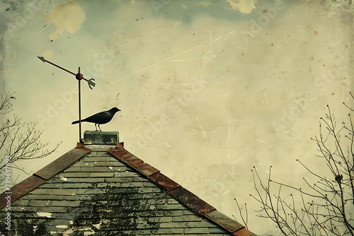 : A vintage-style wind vane on a rooftop, its arrow pointing towards the viewer.