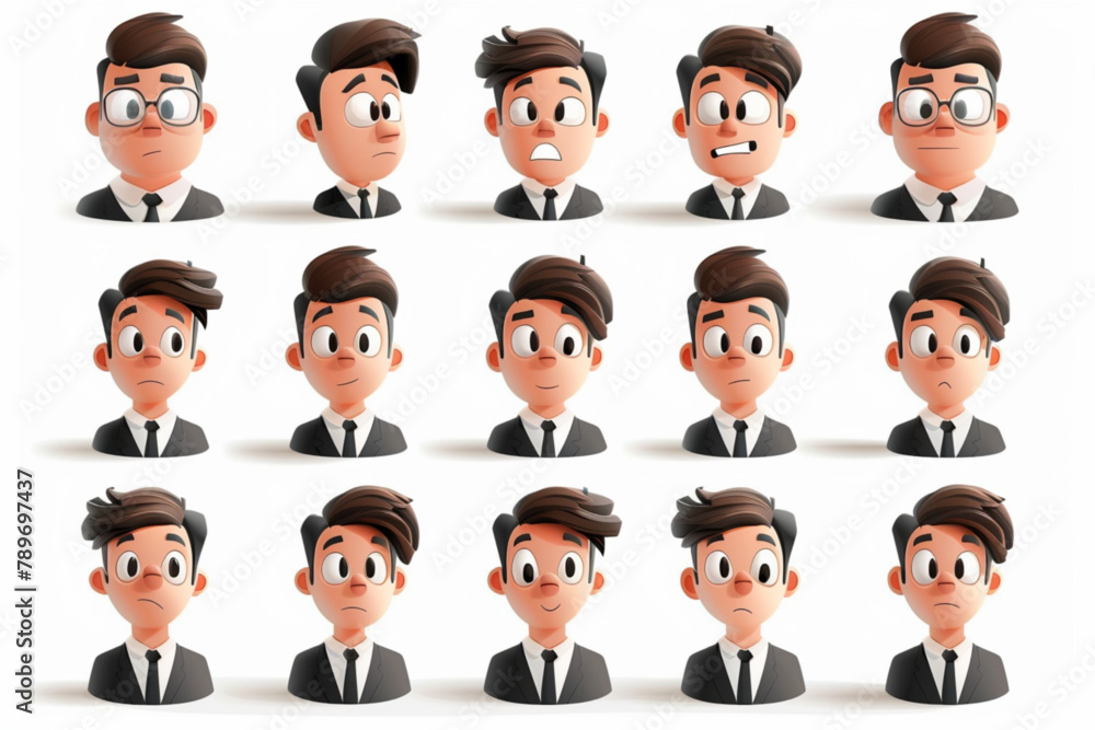 Set of character of a businessman or employee of the company. The man thinks, doubts and solves the problem 3D avatars set vector icon, white background, black colour icon