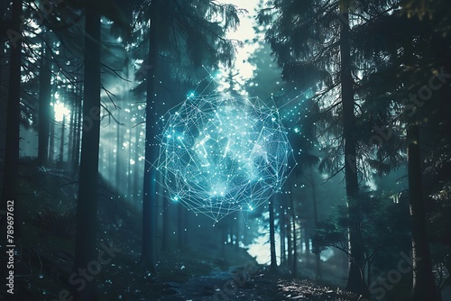 : A virtual screen displaying a complex neural network model in a serene forest setting.