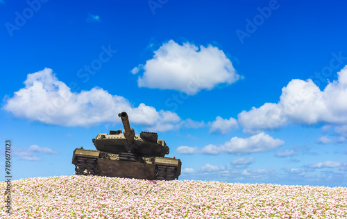 Armored Tank Dominating a Field of Flowers under a Bright Blue Sky with Clouds