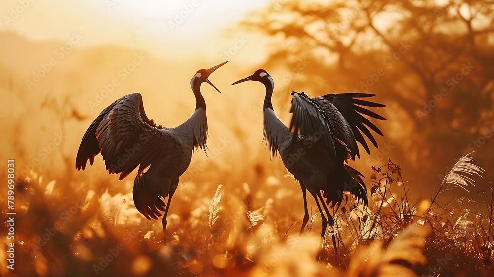 Fototapeta premium A pair of elegant cranes in a dance, their graceful movements synchronized as they glide across the water's surface