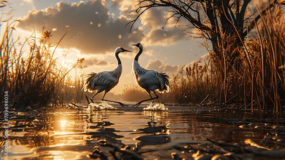 A pair of elegant cranes in a dance, their graceful movements synchronized as they glide across the water's surface - obrazy, fototapety, plakaty 