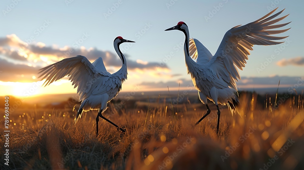 Naklejka premium A pair of elegant cranes in a dance, their graceful movements synchronized as they glide across the water's surface
